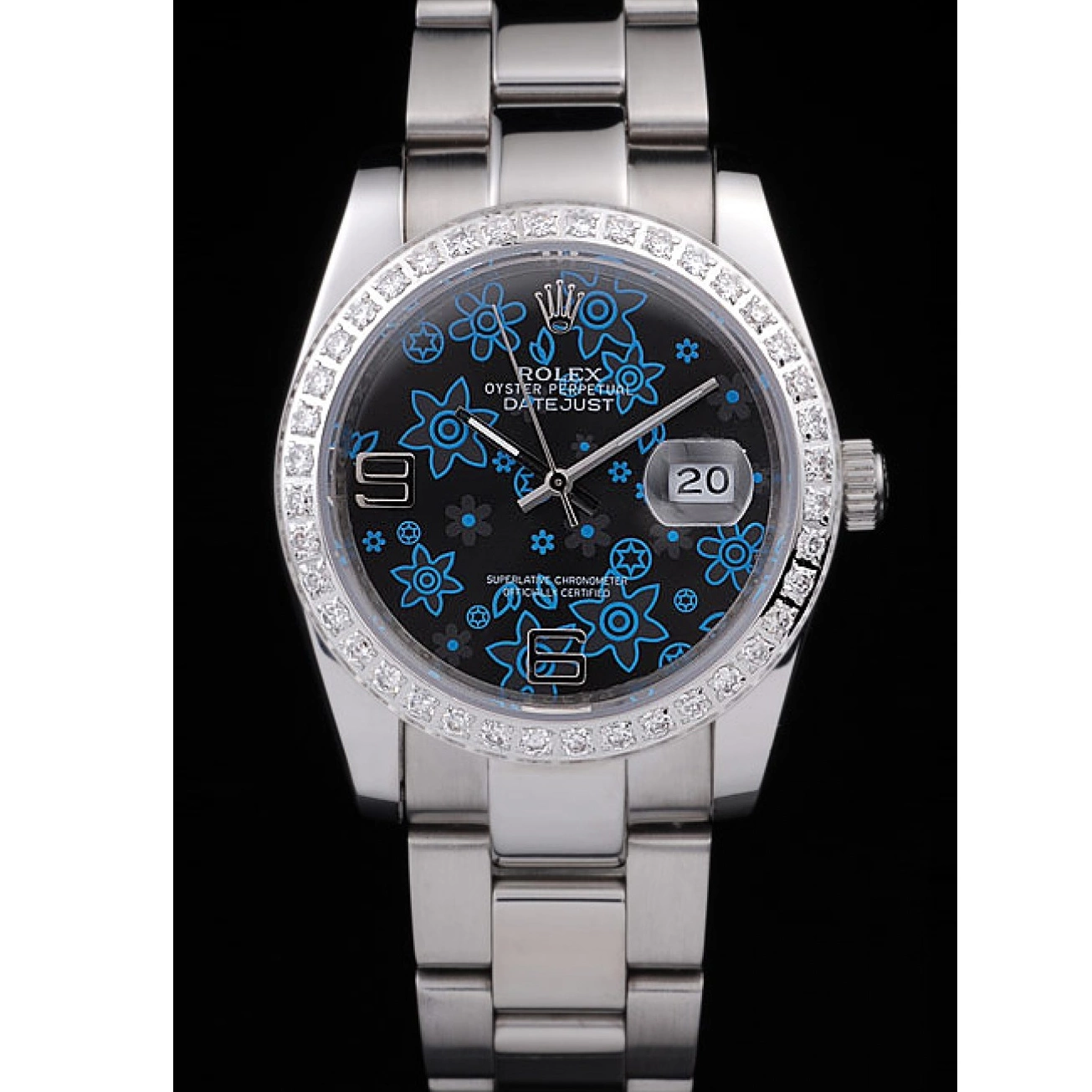 Good copy rolex watches Dial Datejust Blue Stainless Steel Dark Plated Flowers Polished Diamond Rolex 0717